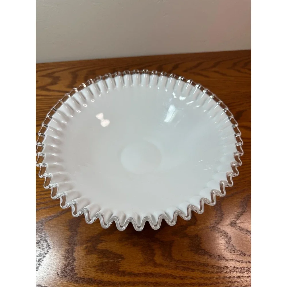 Vintage  Fenton Silver Crest Milk Glass Bowl with Ruffled Clear Edge 5823 SC 11